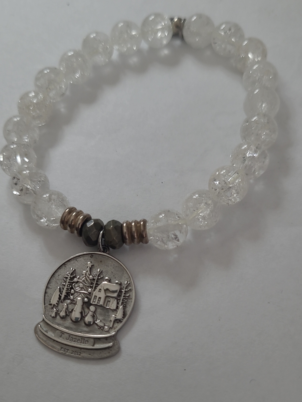T. Jazelle Cracked Clear Crystal Bead Bracelet with Silver Snow Globe Charm